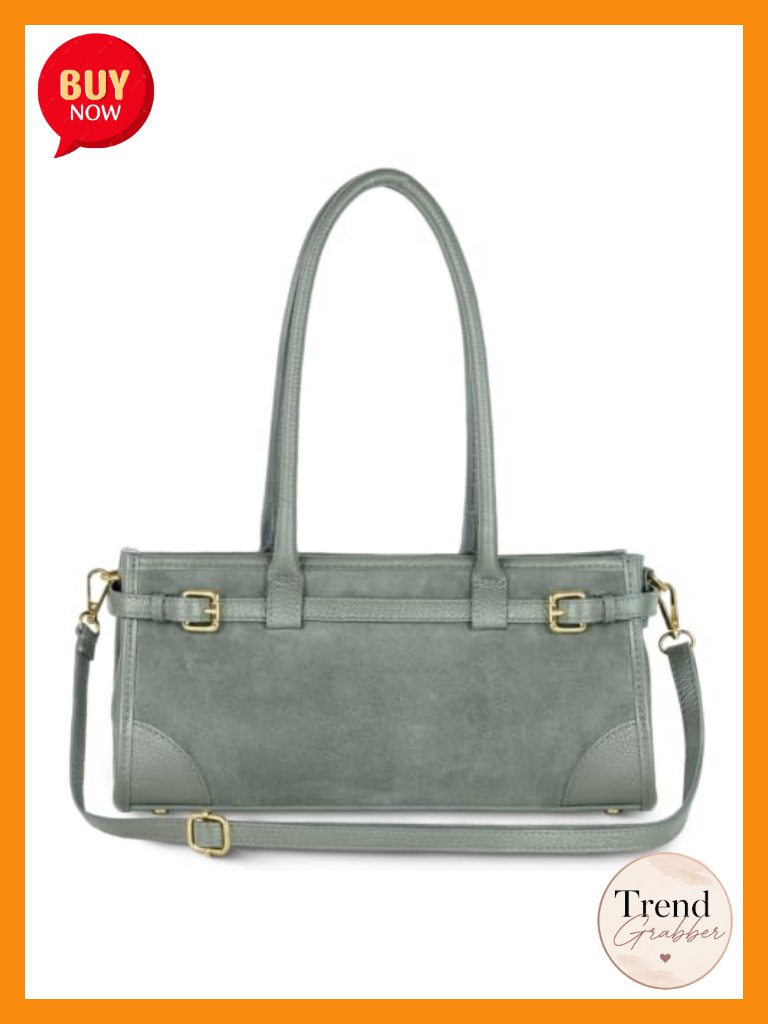 Genuine Suede Structured Satchel With Leather Trim - Adjustable Crossbody